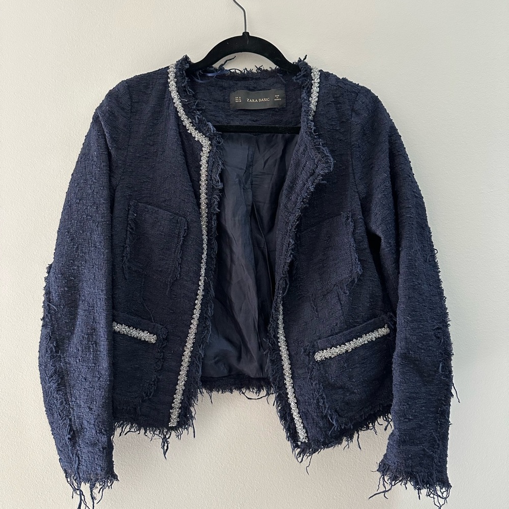 Zara Navy Textured Tweed Open Front Blazer with Silver Trim